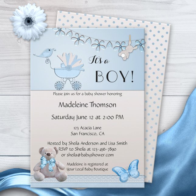 Blue Beige Bear Boy Baby Shower Invitation (Creator Uploaded)