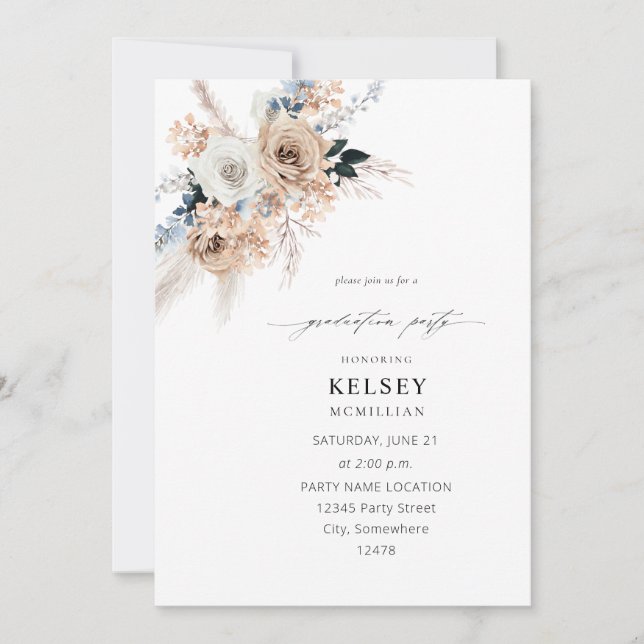 Blue & Beige Boho Floral Graduation Party Invitation (Front)
