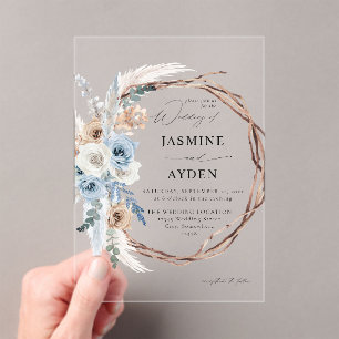 Blue & Beige Boho Floral Wreath Wedding Acrylic Invitations