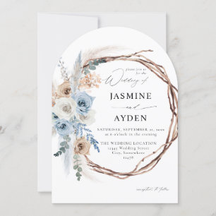 Blue & Beige Boho Floral Wreath Wedding Blue- Arc Invitation