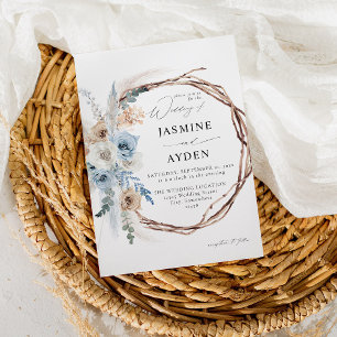 Blue & Beige Boho Floral Wreath Wedding Blue Invitation