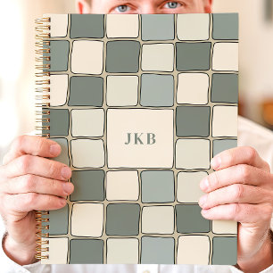 Blue Beige Chequered Pattern Custom Monogram Planner