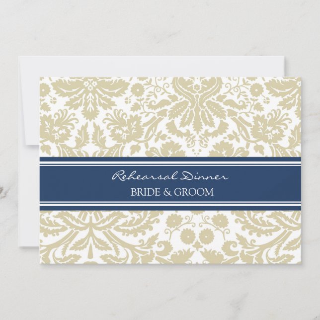 Blue Beige Damask Rehearsal Dinner Party Invitation (Front)