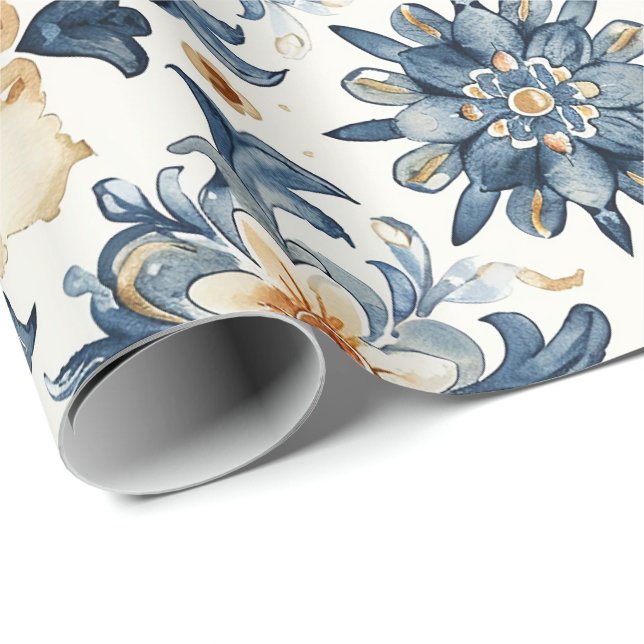 Blue & Beige Floral Tile Wrapping Paper, Antique  Paper (Roll Corner)