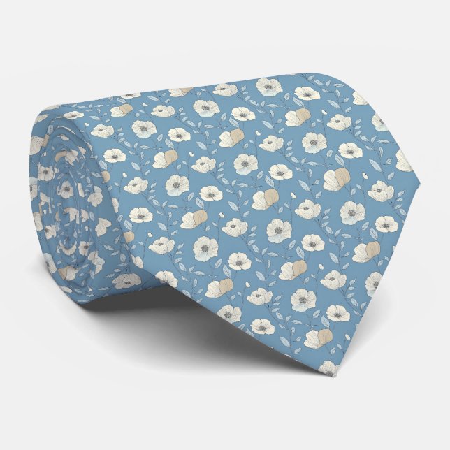 Blue Beige Floral Wedding Groomsmen Groom Tie (Rolled)