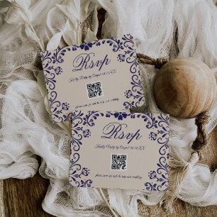 Blue Beige Floral Wedding QR RSVP Card