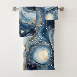 Blue Beige Geode Abstract with Gold Swirls Bath Towel Set