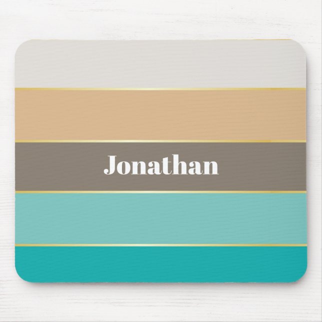 Blue Beige Gold Custom Summer Colour Block Stripes Mouse Pad (Front)