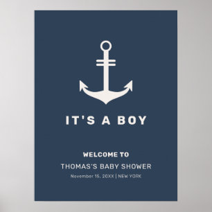 Blue Beige Nautical Anchor Baby Shower Welcome Poster