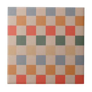 Blue Beige Orange Brown Chequered Gingham Pattern Ceramic Tile
