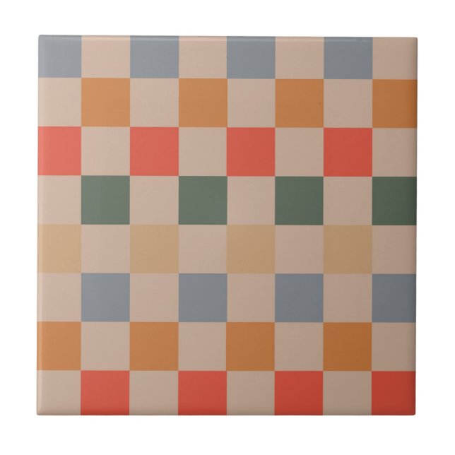 Blue Beige Orange Brown Chequered Gingham Pattern Ceramic Tile (Front)