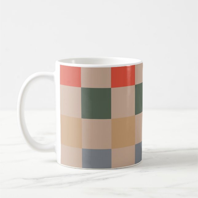Blue Beige Orange Brown Chequered Gingham Pattern Coffee Mug (Left)