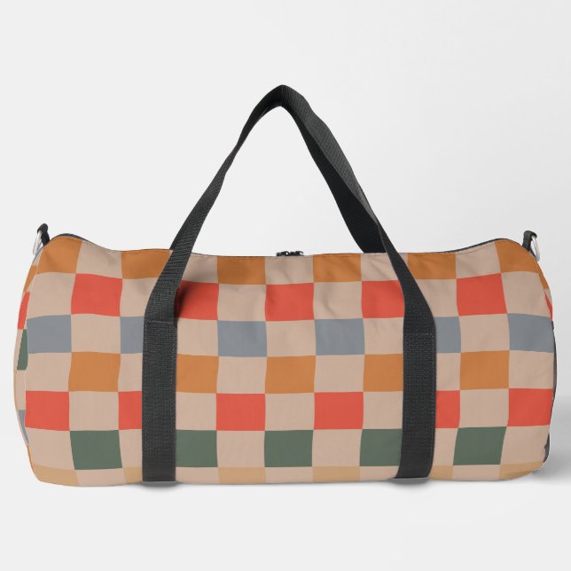 Blue Beige Orange Brown Chequered Gingham Pattern Duffle Bag (Front)
