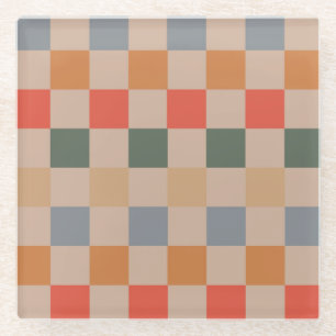 Blue Beige Orange Brown Chequered Gingham Pattern Glass Coaster