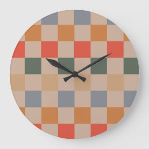 Blue Beige Orange Brown Chequered Gingham Pattern Large Clock