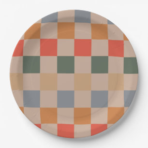 Blue Beige Orange Brown Chequered Gingham Pattern Paper Plate
