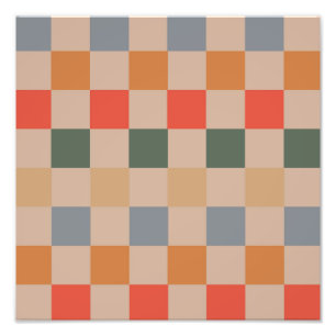 Blue Beige Orange Brown Chequered Gingham Pattern Photo Print