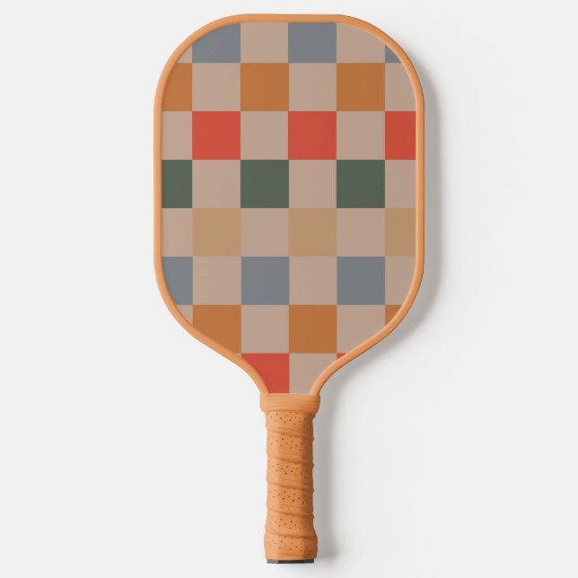 Blue Beige Orange Brown Chequered Gingham Pattern Pickleball Paddle (Front)
