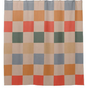 Blue Beige Orange Brown Chequered Gingham Pattern Shower Curtain