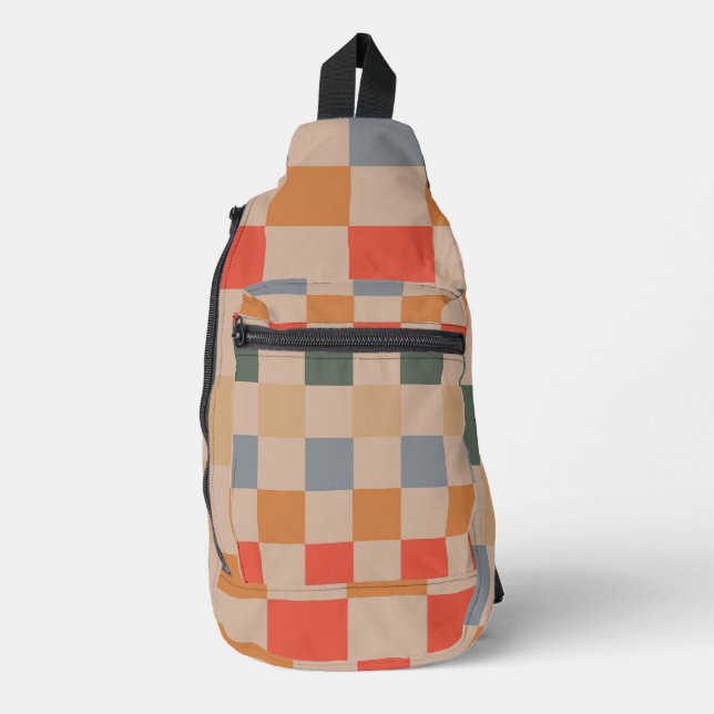 Blue Beige Orange Brown Chequered Gingham Pattern Sling Bag (Front)