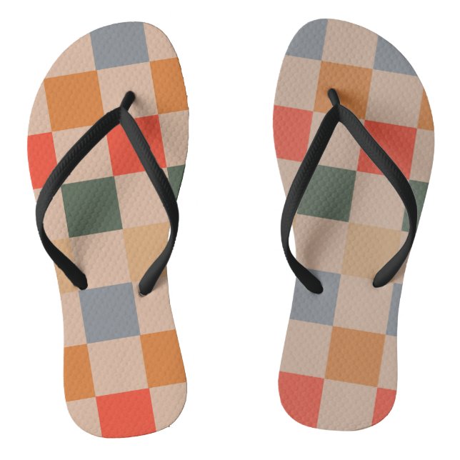 Blue Beige Orange Brown Chequered Gingham Pattern Thongs (Footbed)
