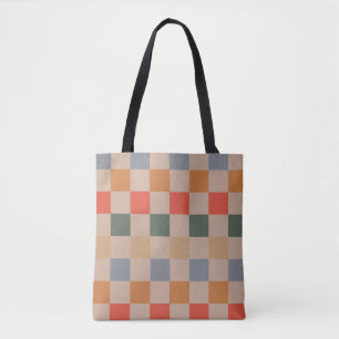 Blue Beige Orange Brown Chequered Gingham Pattern Tote Bag