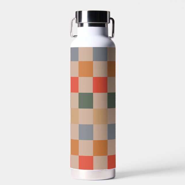 Blue Beige Orange Brown Chequered Gingham Pattern Water Bottle (Front)