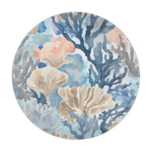 Blue Beige Orange Coral Reef Watercolor Coastal Cutting Board