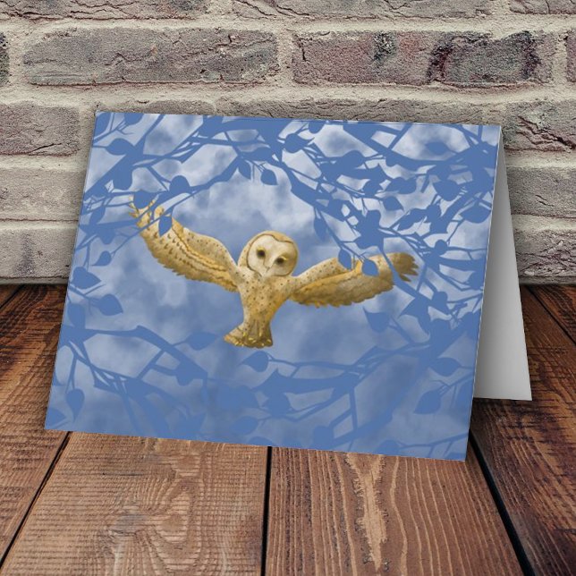 Blue, Beige Owl, Simple Blank Greeting Card (Blue forest leaves golden beige  owl in flight blank note card, wise barn owl outstretched wings)