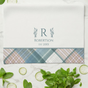 Blue Beige Plaid Personalised Name Monogram Tea Towel