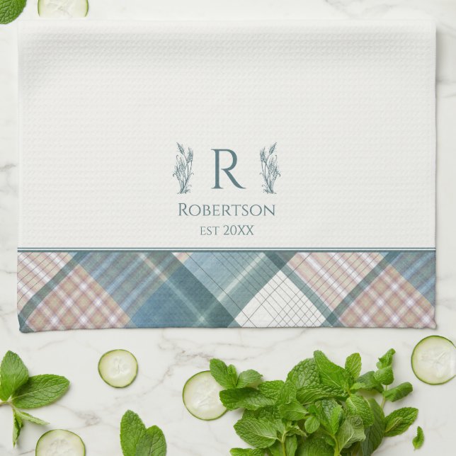 Blue Beige Plaid Personalised Name Monogram Tea Towel (Folded)