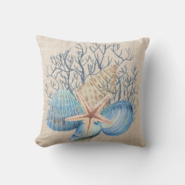 Blue Beige Seashells Starfish Coral Sealife Shells Cushion (Front)