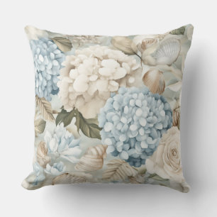 BLUE & BEIGE SUMMER HYDRANGEA FLOWERS CUSHION