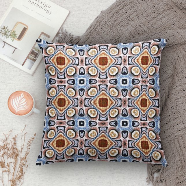 Blue Beige Taupe Dark Brown Bohemian Art Cushion (Creator Uploaded)