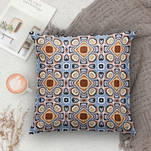Blue Beige Taupe Dark Brown Orient Art Pattern Cushion