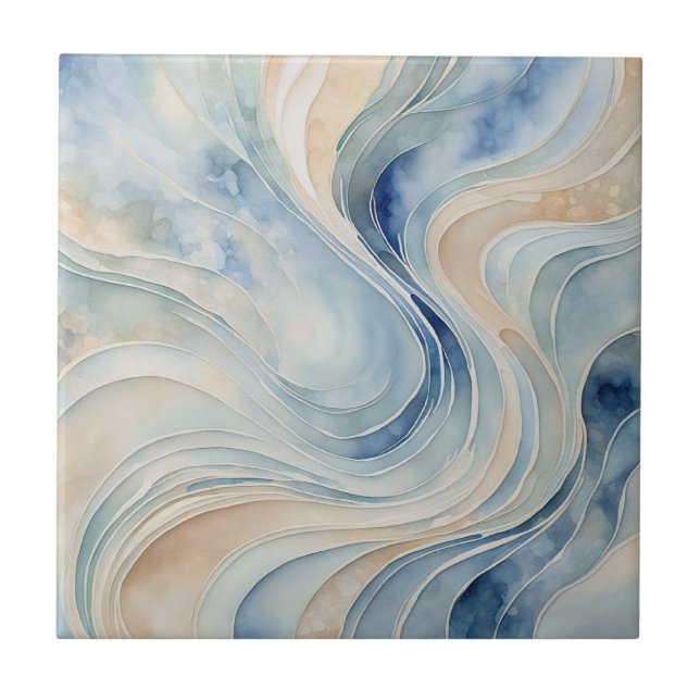 Blue Beige Waves 3 Ceramic Tile (Front)