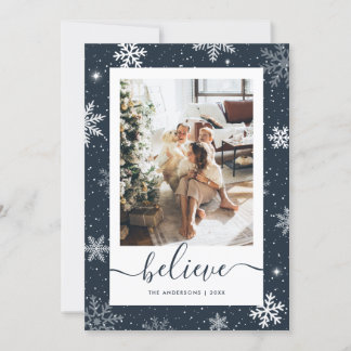 Blue Believe Photo Snowflake Holiday Card