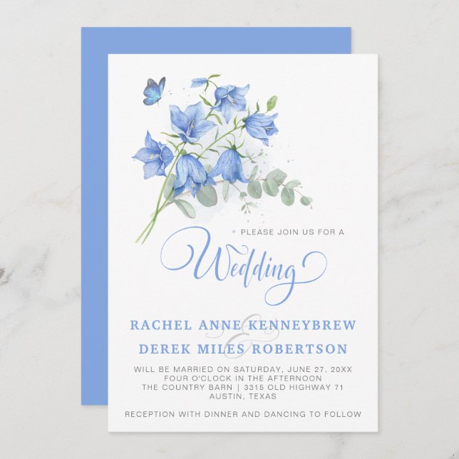 Blue Bellflower Wedding Invitation (Front/Back)