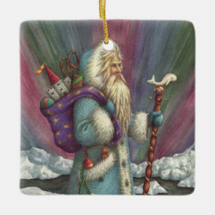 BLUE BELSNICKLE, NORTHERN LIGHTS & PENGUINS CERAMIC ORNAMENT