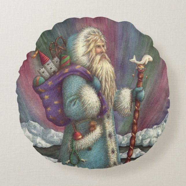 BLUE BELSNICKLE, NORTHERN LIGHTS & PENGUINS ROUND CUSHION (Front)