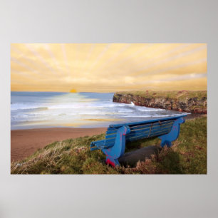 blue bench sunset view poster