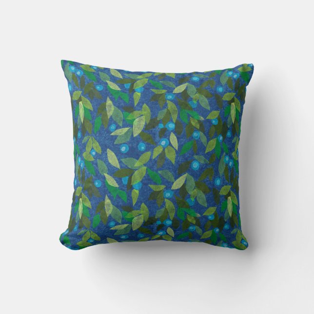 Blue Berries Minimal Floral Pattern Paper Collage Cushion (Front)