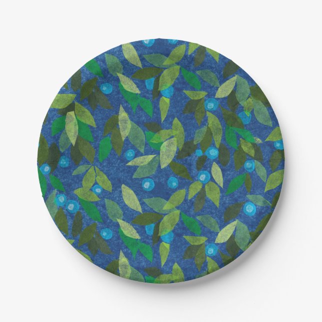 Blue Berries Minimal Floral Pattern Paper Collage Plate (Front)