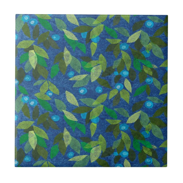 Blue Berries Minimal Floral Pattern Simple Botany Ceramic Tile (Front)