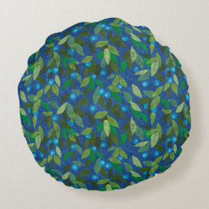 Blue Berries Minimal Floral Pattern Simple Botany Round Cushion
