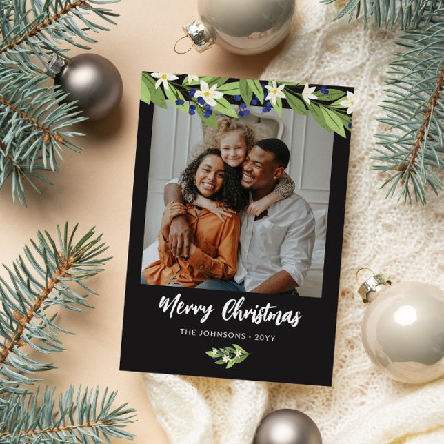 Blue Berry Greenery Photo Merry Christmas Holiday Card (Creator Uploaded)