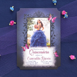Blue, Berry Pink Butterflies Quinceanera Invitation