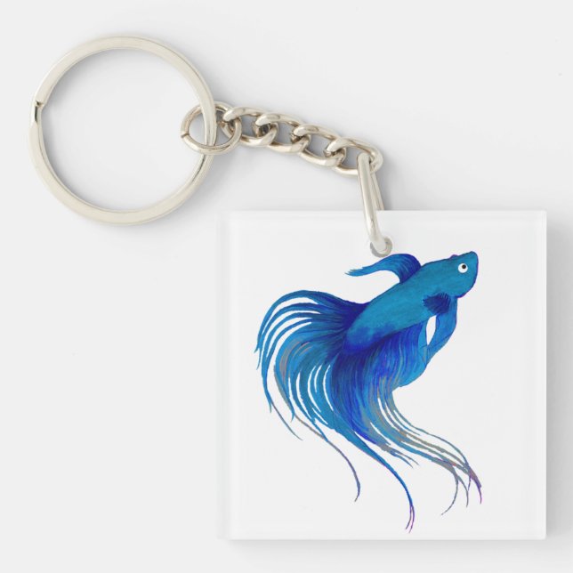 Blue Betta Fish Watercolor Key Ring (Front)