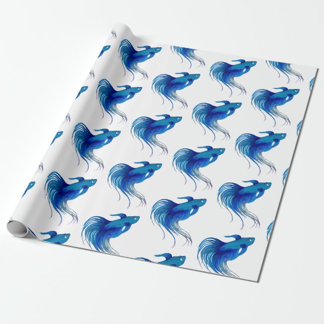 Blue Betta Fish Watercolor Wrapping Paper (Unrolled)