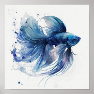 Blue Betta Fish with Flowing Watercolor Style Fins Poster